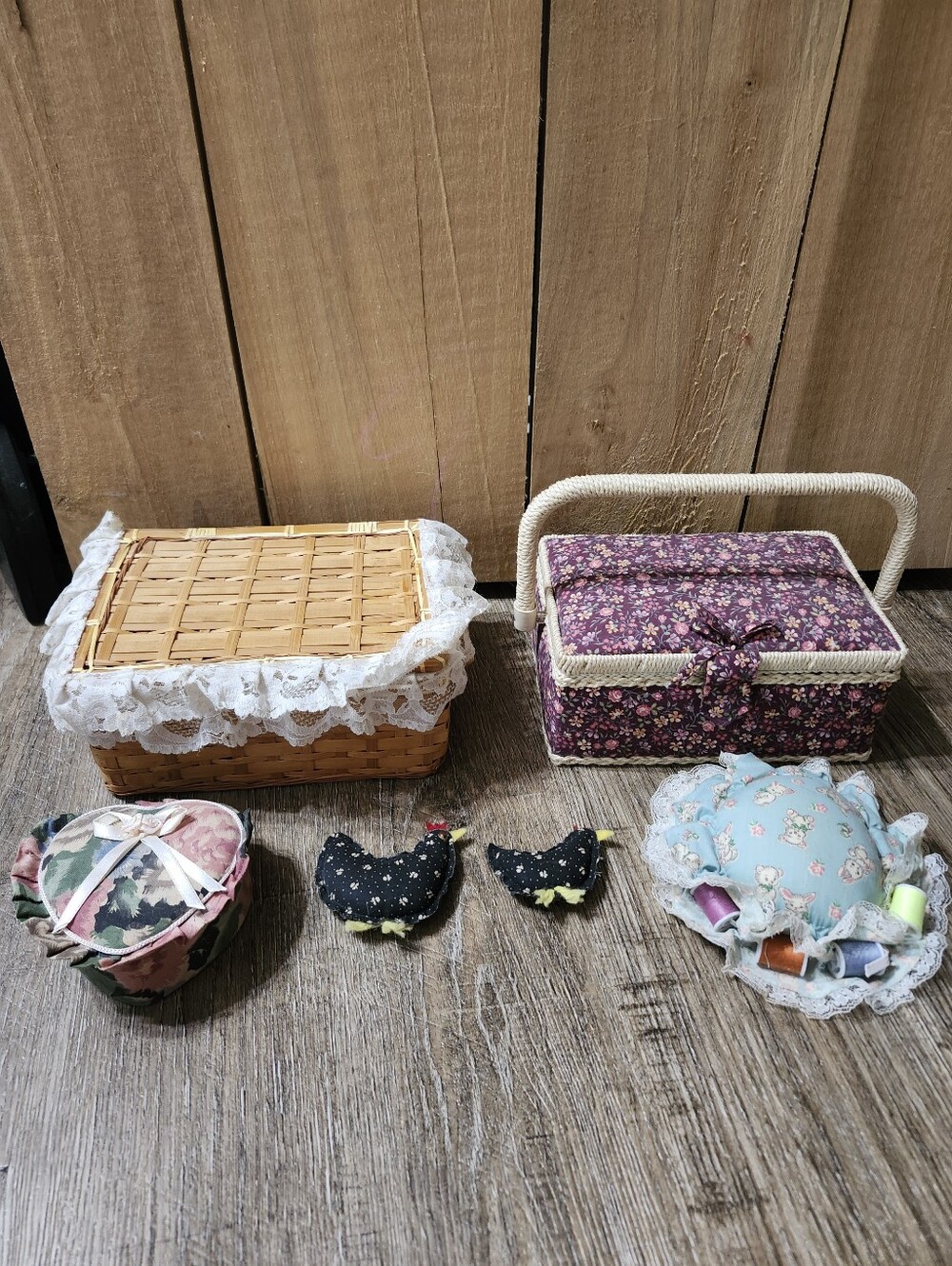 Floral Sewing Basket with Handle & Lace Trim Basket Set Plus Pin Cushions.